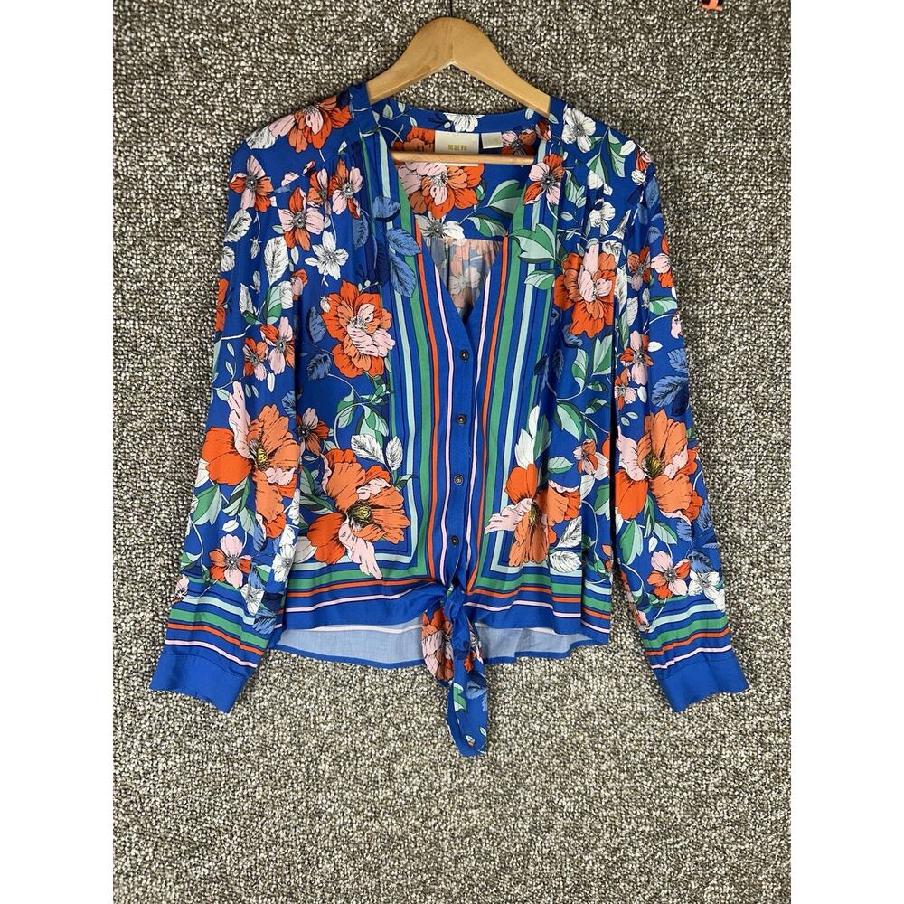 Maeve By Anthropologie Blue Elan Scarf-Printed Blouse Floral Beachy 10 Vacation